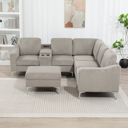 Canapé modulable en velours côtelé en forme de L avec ports USB, pouf de rangement et porte-gobelets pour salon d'appartement