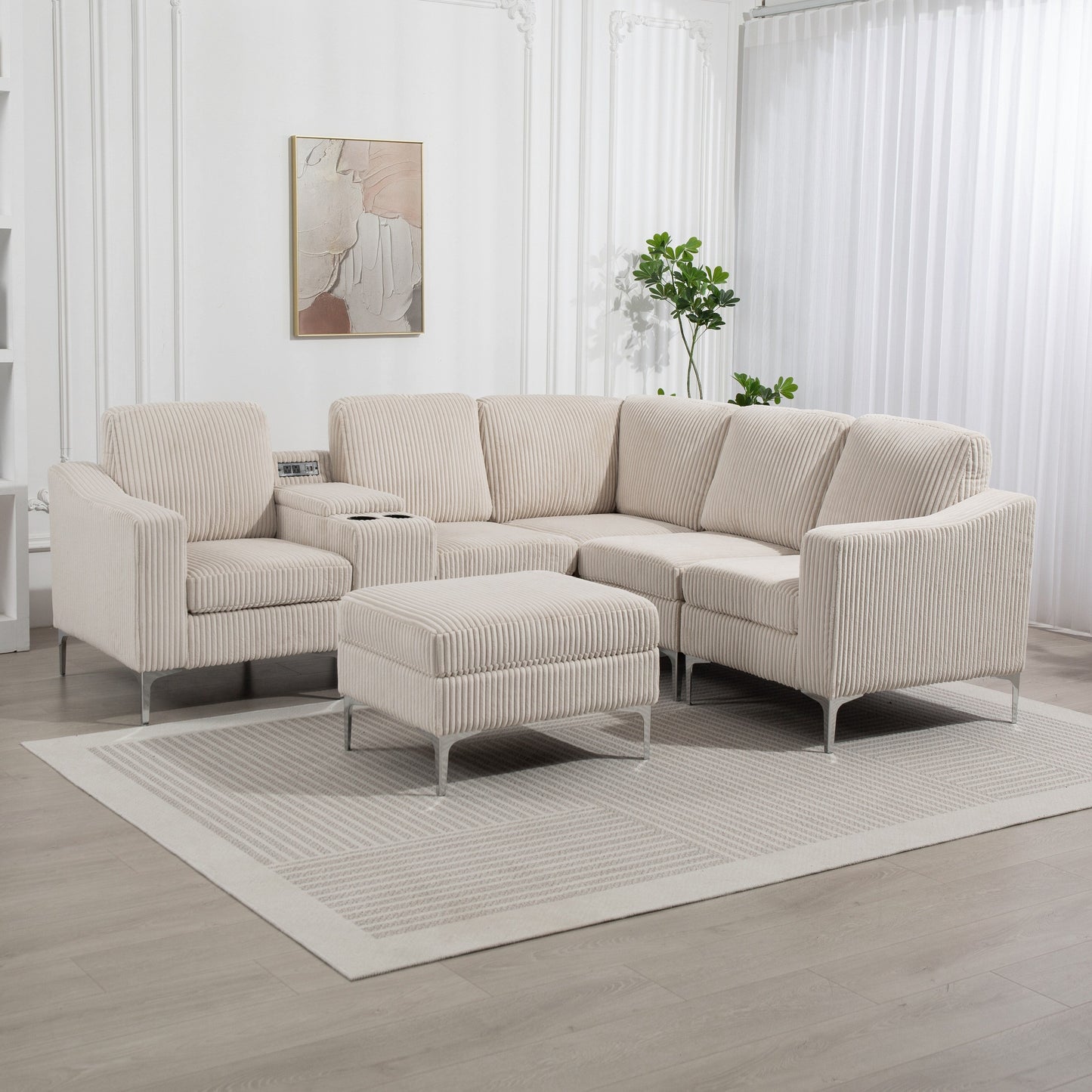 Canapé modulable en velours côtelé en forme de L avec ports USB, pouf de rangement et porte-gobelets pour salon d'appartement