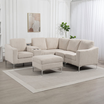 Canapé modulable en velours côtelé en forme de L avec ports USB, pouf de rangement et porte-gobelets pour salon d'appartement