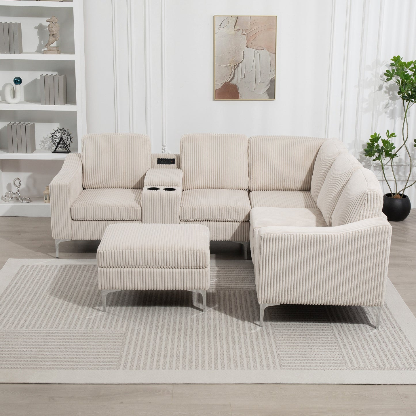 Canapé modulable en velours côtelé en forme de L avec ports USB, pouf de rangement et porte-gobelets pour salon d'appartement