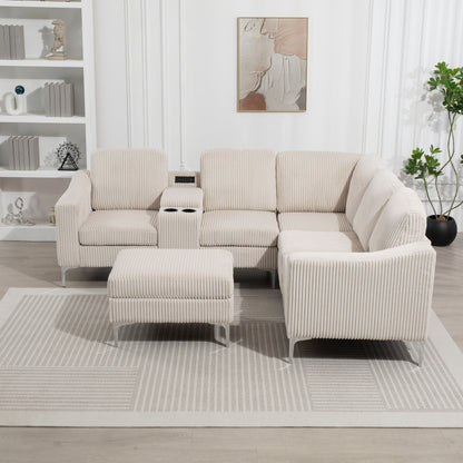 Canapé modulable en velours côtelé en forme de L avec ports USB, pouf de rangement et porte-gobelets pour salon d'appartement