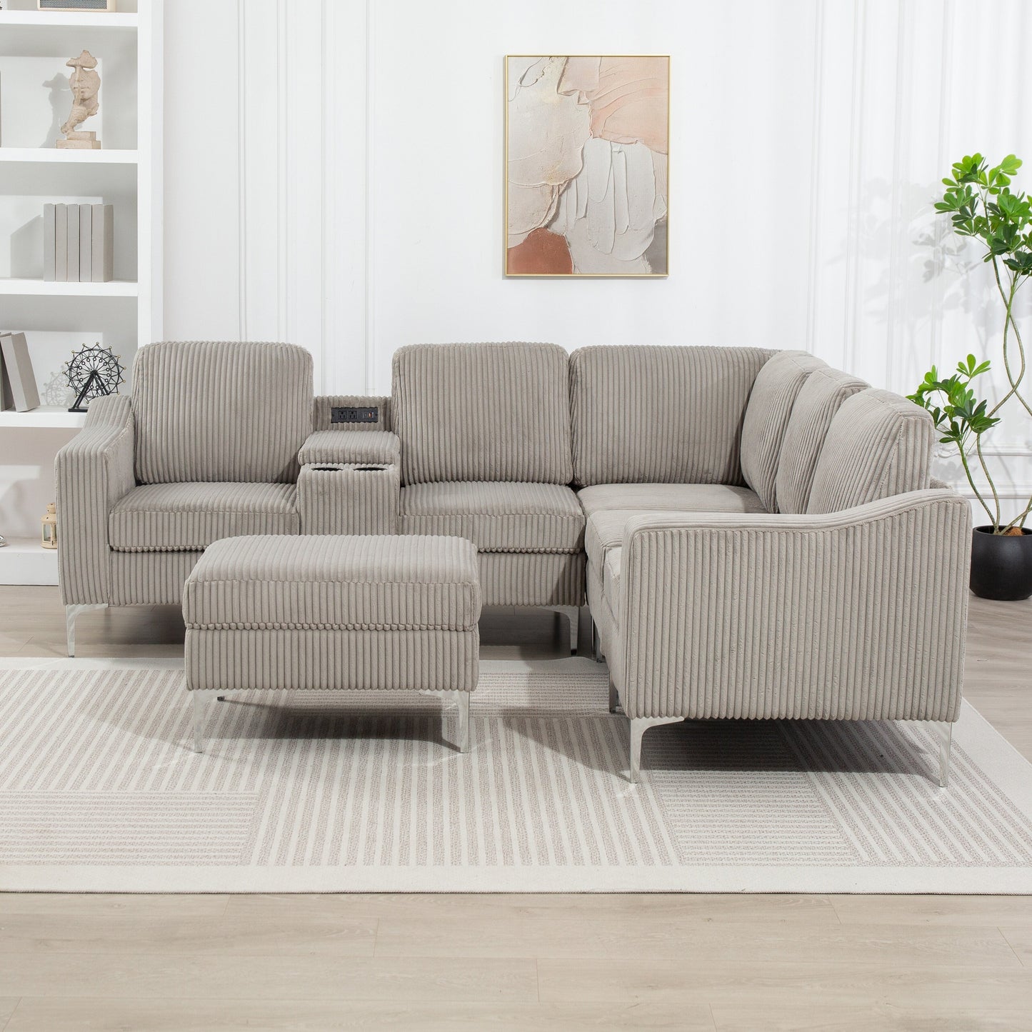 Canapé modulable en velours côtelé en forme de L avec ports USB, pouf de rangement et porte-gobelets pour salon d'appartement