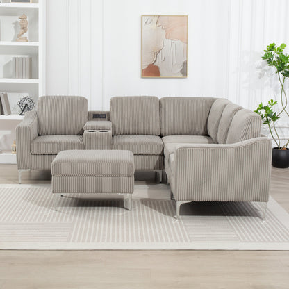 Canapé modulable en velours côtelé en forme de L avec ports USB, pouf de rangement et porte-gobelets pour salon d'appartement