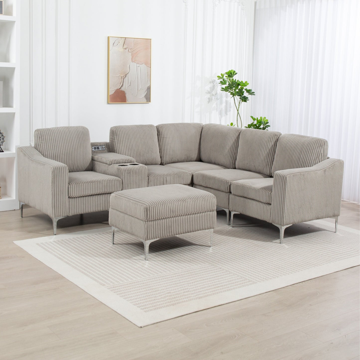 Canapé modulable en velours côtelé en forme de L avec ports USB, pouf de rangement et porte-gobelets pour salon d'appartement