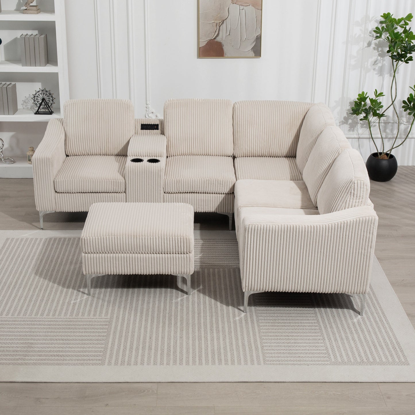 Canapé modulable en velours côtelé en forme de L avec ports USB, pouf de rangement et porte-gobelets pour salon d'appartement