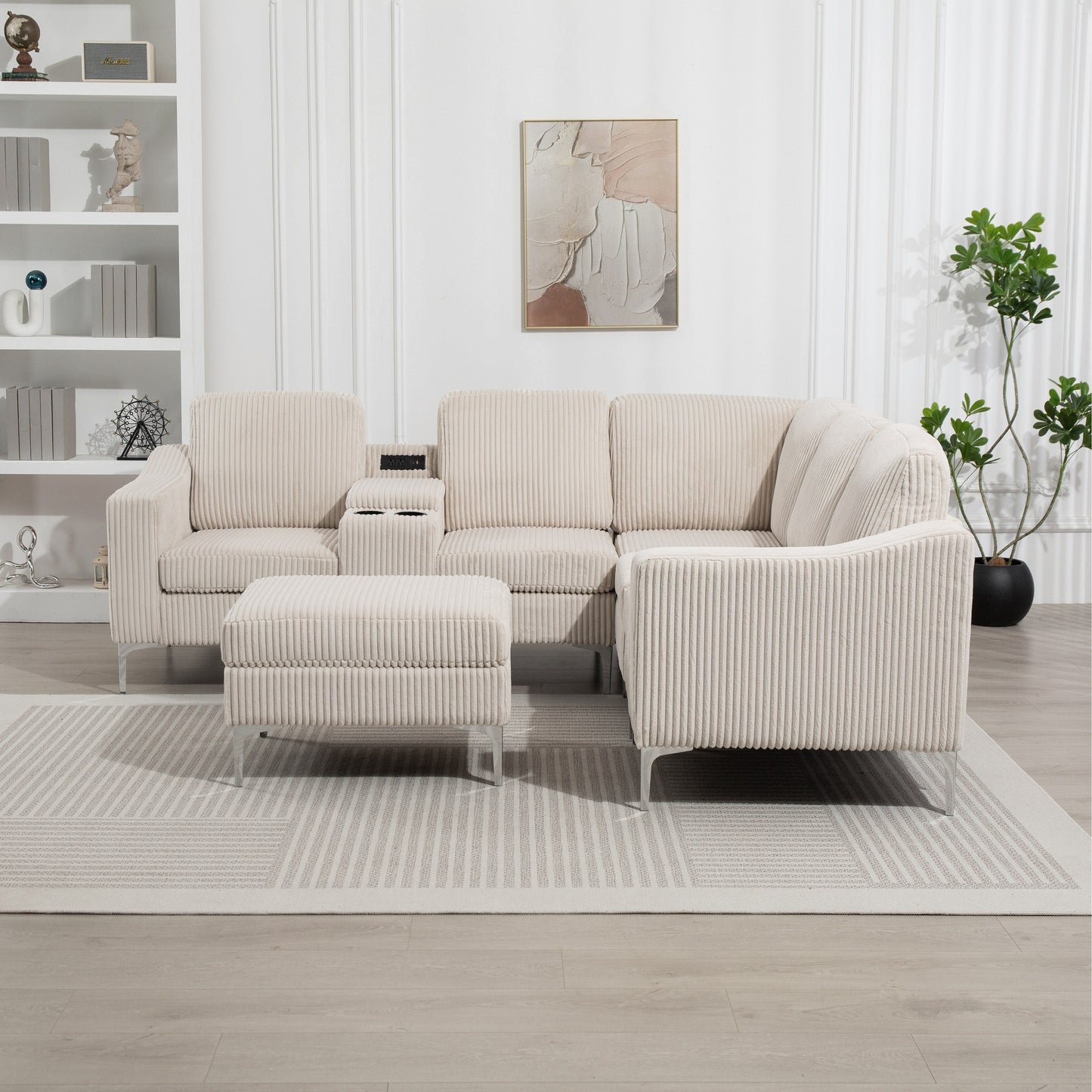 Canapé modulable en velours côtelé en forme de L avec ports USB, pouf de rangement et porte-gobelets pour salon d'appartement