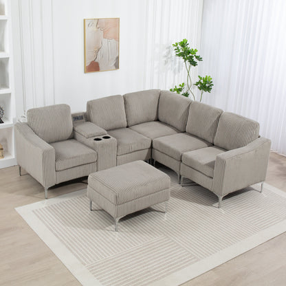 Canapé modulable en velours côtelé en forme de L avec ports USB, pouf de rangement et porte-gobelets pour salon d'appartement