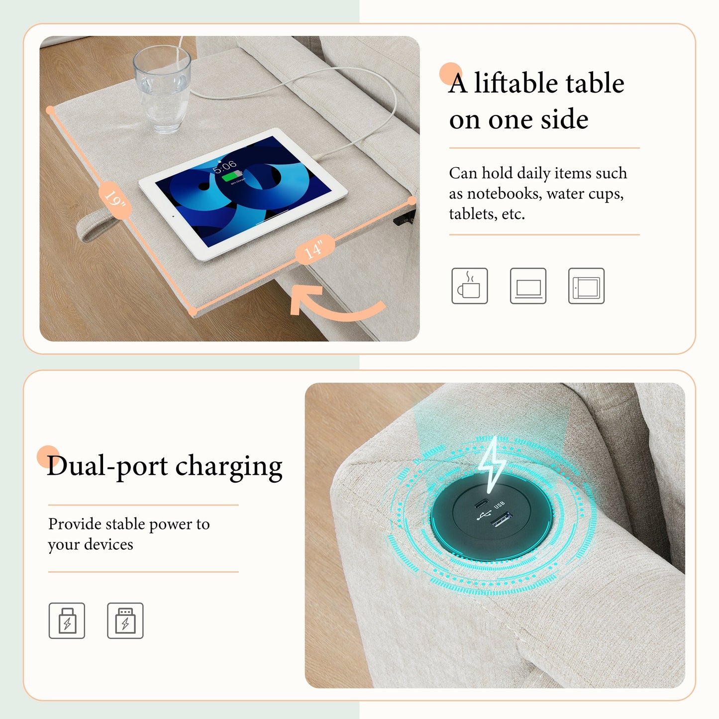 Canapé modulable en L avec table pliable, double port USB, poches de rangement latérales et pouf amovible