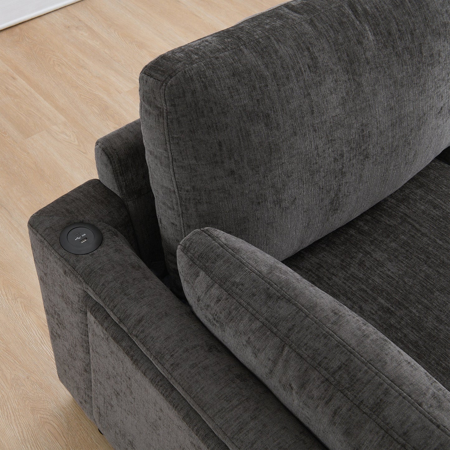 Canapé modulable en L avec table pliable, double port USB, poches de rangement latérales et pouf amovible