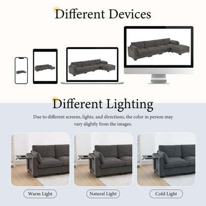 Canapé modulable en L avec table pliable, double port USB, poches de rangement latérales et pouf amovible