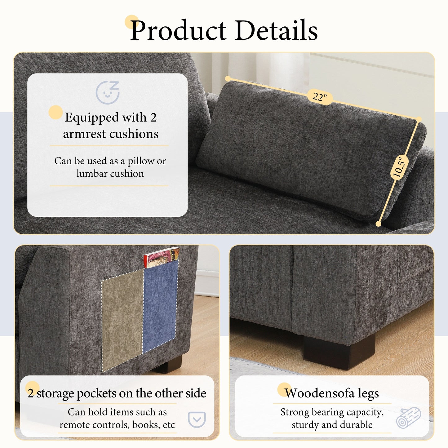 Canapé modulable en L avec table pliable, double port USB, poches de rangement latérales et pouf amovible