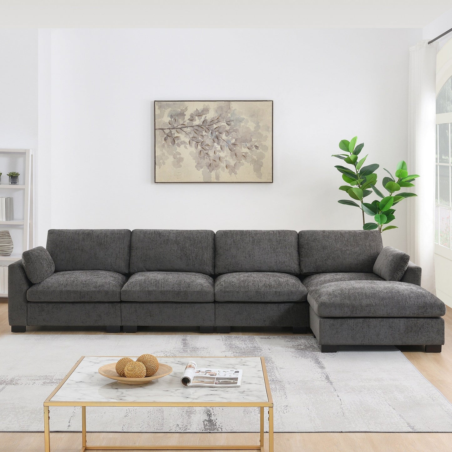 Canapé modulable en L avec table pliable, double port USB, poches de rangement latérales et pouf amovible