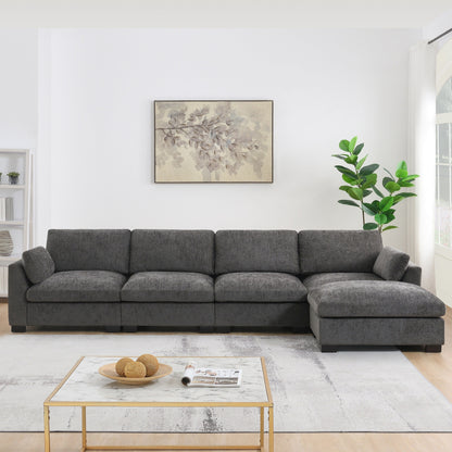 Canapé modulable en L avec table pliable, double port USB, poches de rangement latérales et pouf amovible