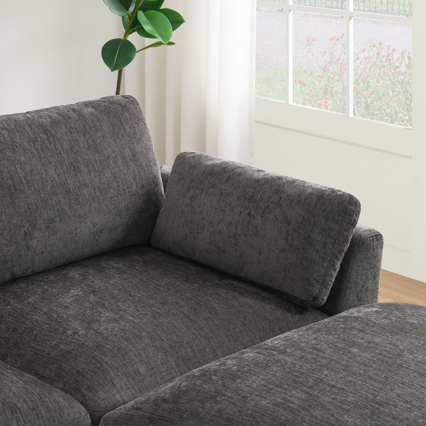 Canapé modulable en L avec table pliable, double port USB, poches de rangement latérales et pouf amovible