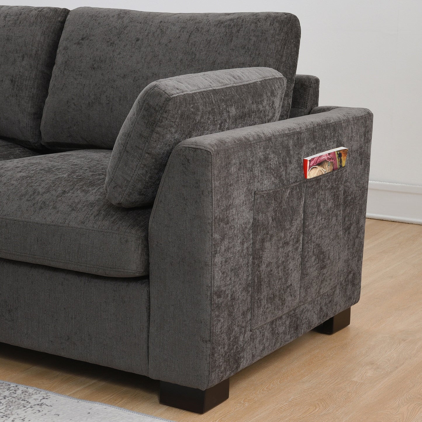 Canapé modulable en L avec table pliable, double port USB, poches de rangement latérales et pouf amovible