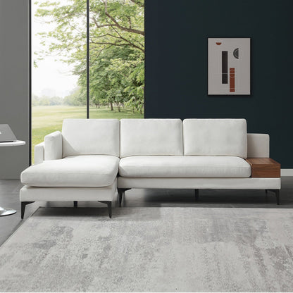 Canapé modulable en L avec un design réversible et un coffre décoratif en bois intégré