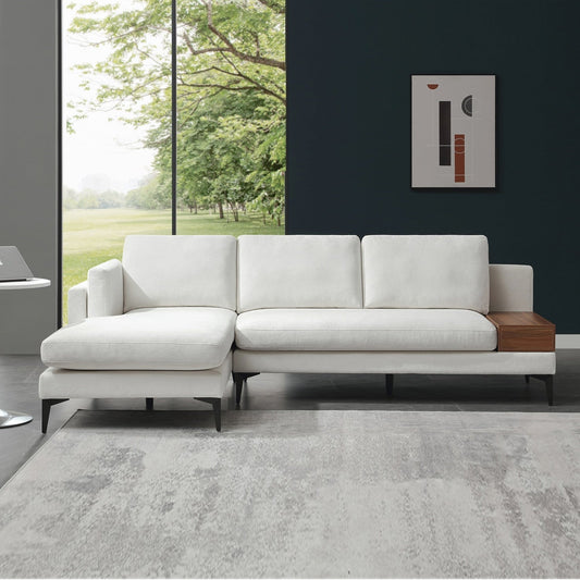 Canapé modulable en L avec un design réversible et un coffre décoratif en bois intégré