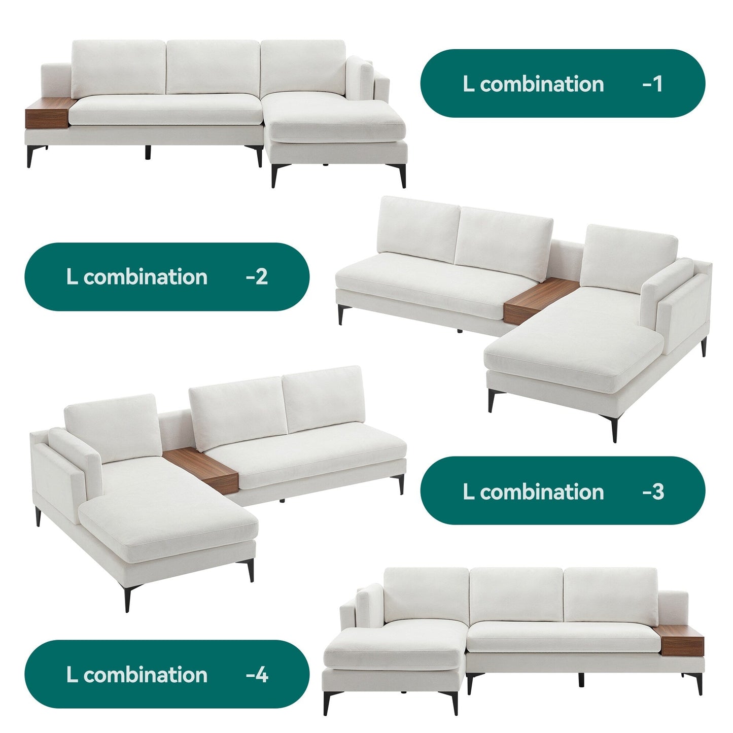 Canapé modulable en L avec un design réversible et un coffre décoratif en bois intégré