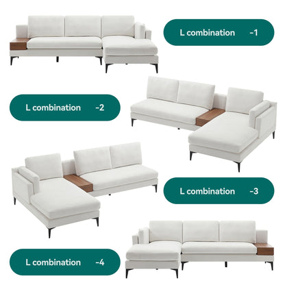 Canapé modulable en L avec un design réversible et un coffre décoratif en bois intégré