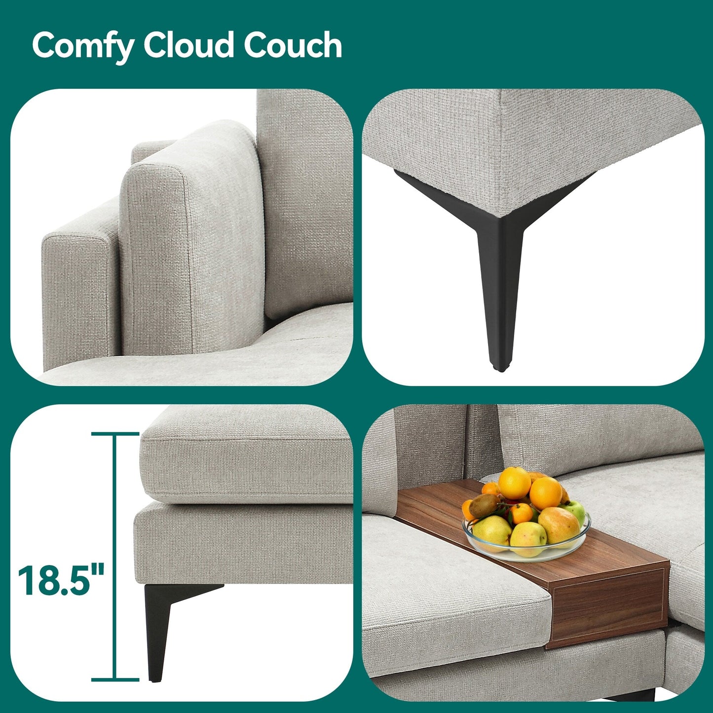 Canapé modulable en L avec un design réversible et un coffre décoratif en bois intégré