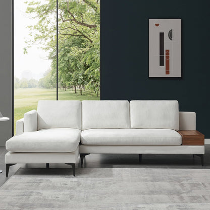 Canapé modulable en L avec un design réversible et un coffre décoratif en bois intégré