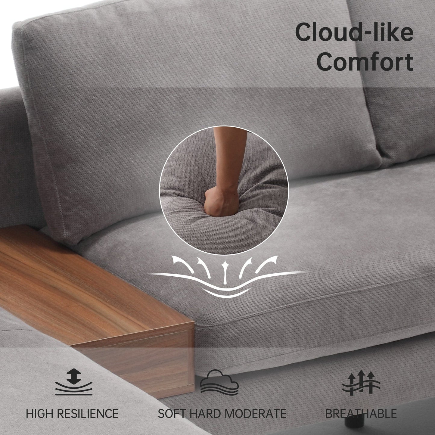 Canapé modulable en L avec un design réversible et un coffre décoratif en bois intégré