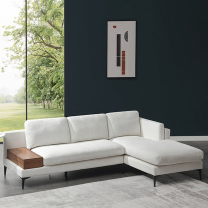 Canapé modulable en L avec un design réversible et un coffre décoratif en bois intégré