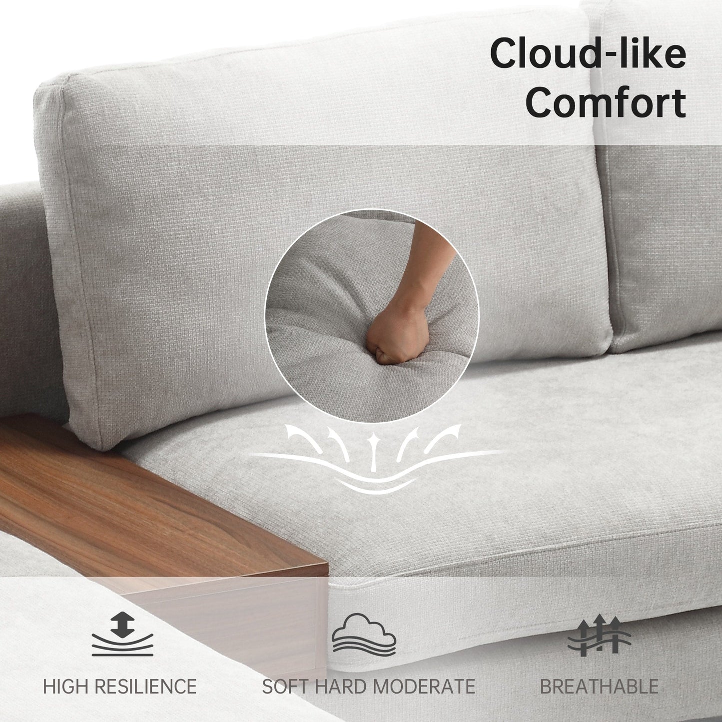 Canapé modulable en L avec un design réversible et un coffre décoratif en bois intégré