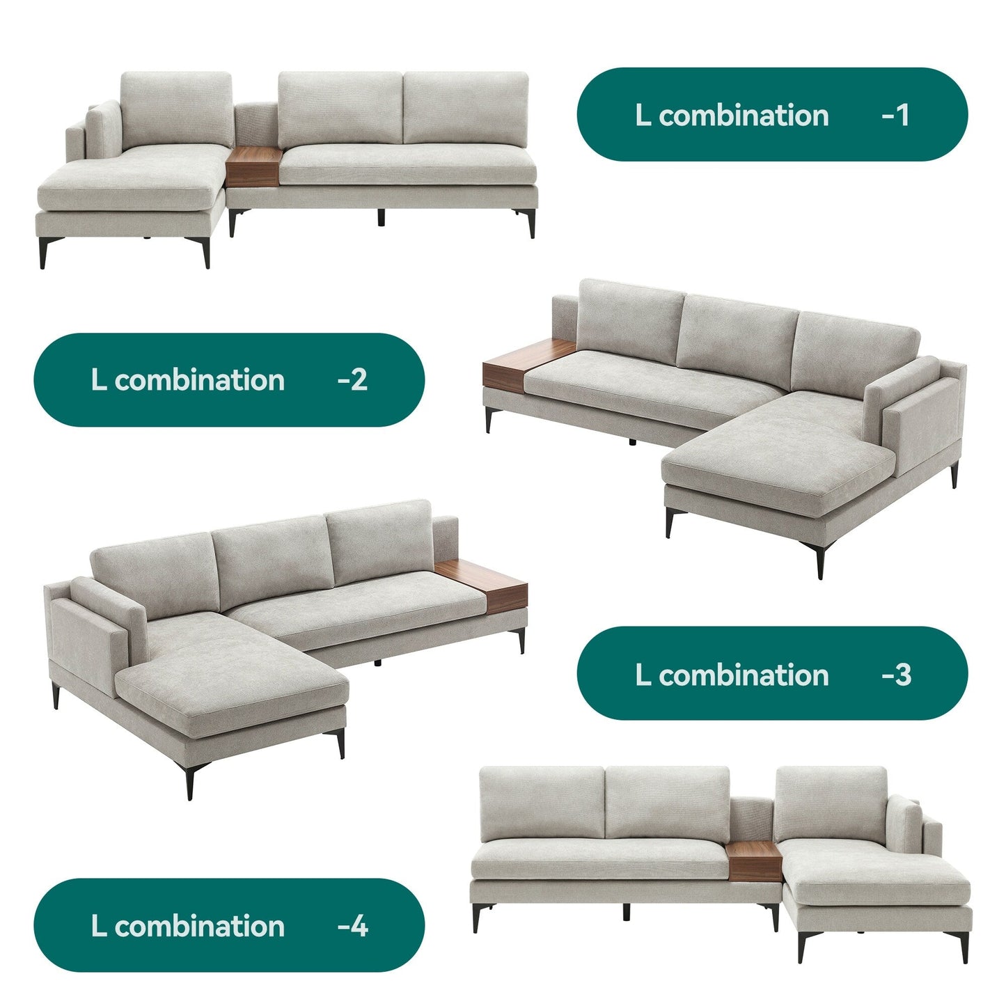 Canapé modulable en L avec un design réversible et un coffre décoratif en bois intégré