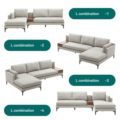 Canapé modulable en L avec un design réversible et un coffre décoratif en bois intégré