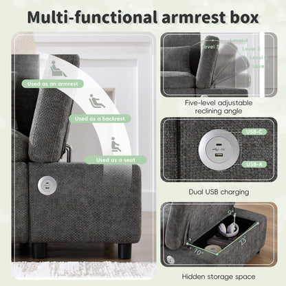 Canapé-lit sectionnel modulaire avec accoudoir de chargement réglable et pouf de rangement pour salon et appartement