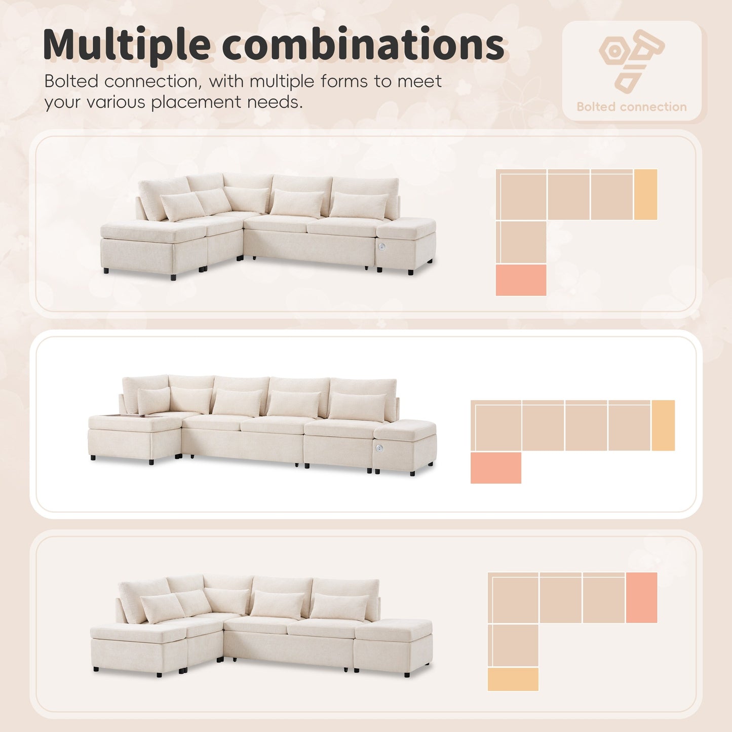 Canapé-lit sectionnel modulaire avec accoudoir de chargement réglable et pouf de rangement pour salon et appartement