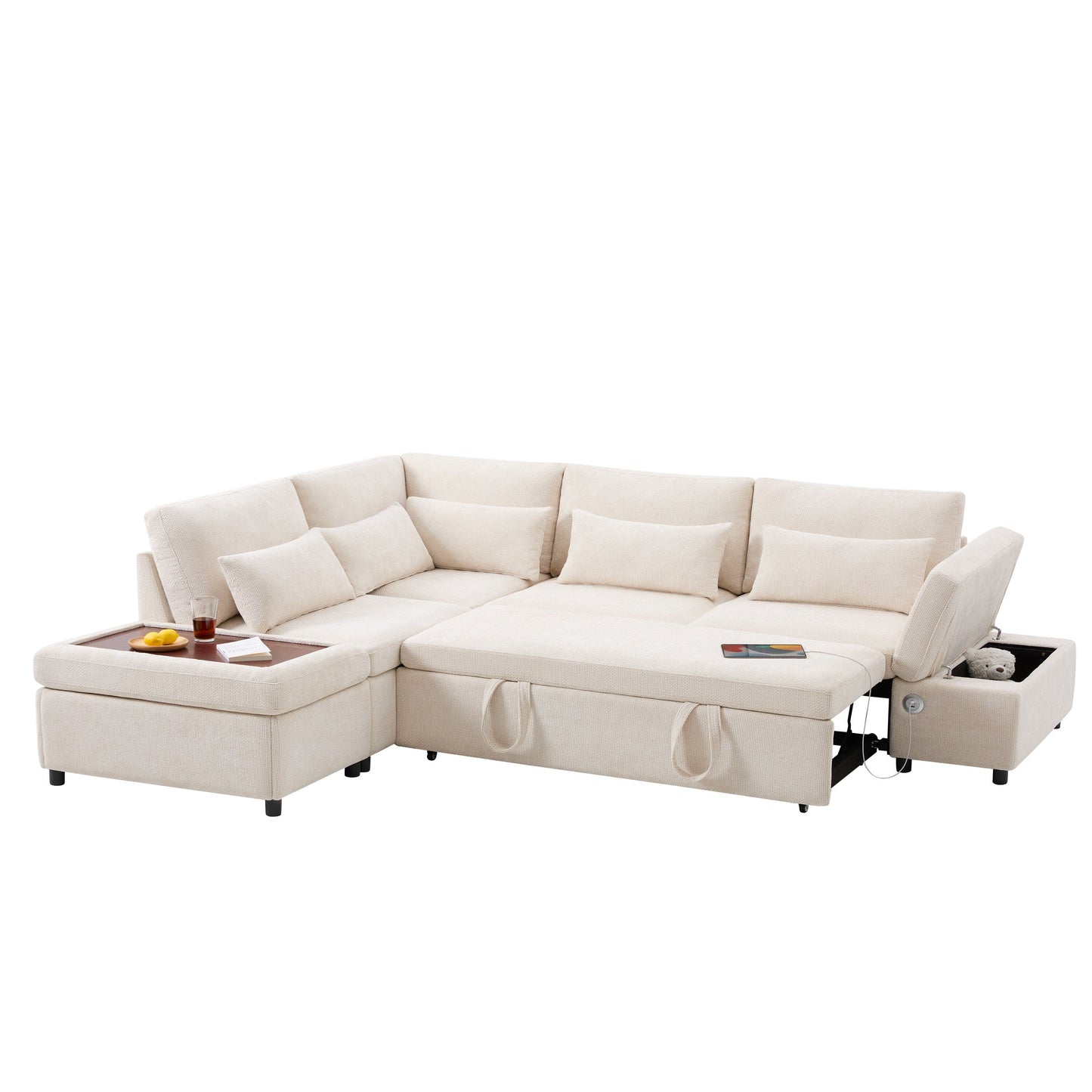 Canapé-lit sectionnel modulaire avec accoudoir de chargement réglable et pouf de rangement pour salon et appartement