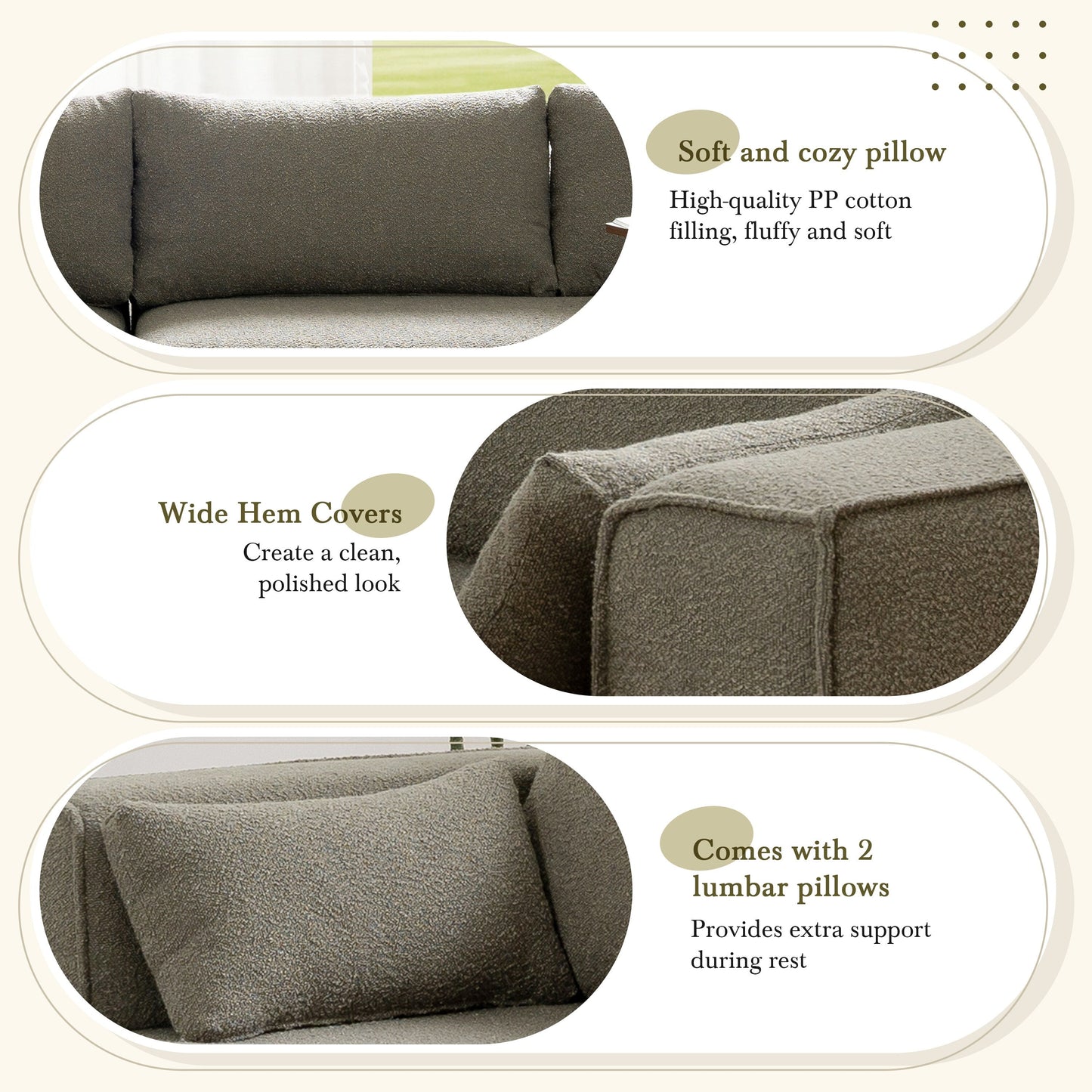 Canapé sectionnel modulaire avec table d'appoint gratuite, assise large, entièrement compressé, tissu bouclé infroissable avec méridienne