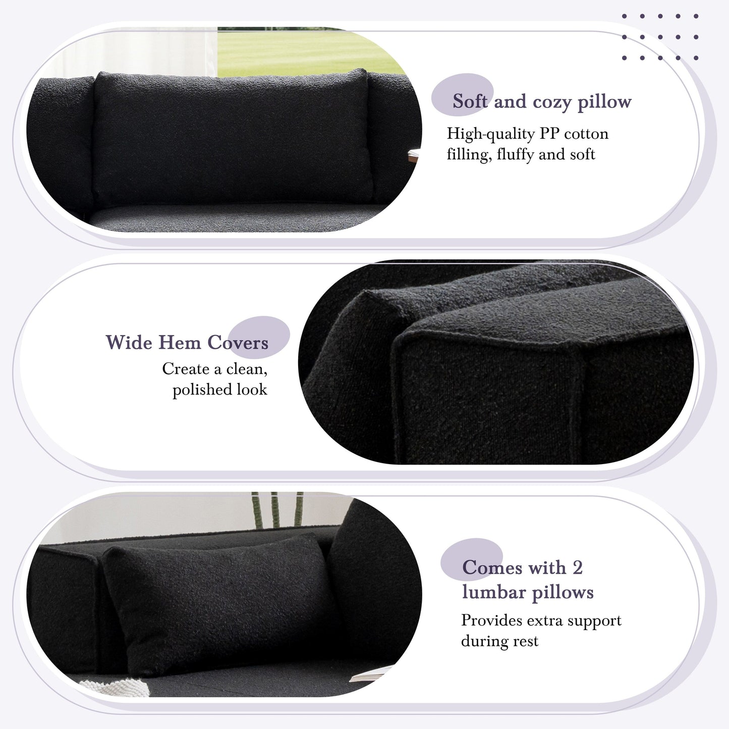 Canapé sectionnel modulaire avec table d'appoint gratuite, assise large, entièrement compressé, tissu bouclé infroissable avec méridienne