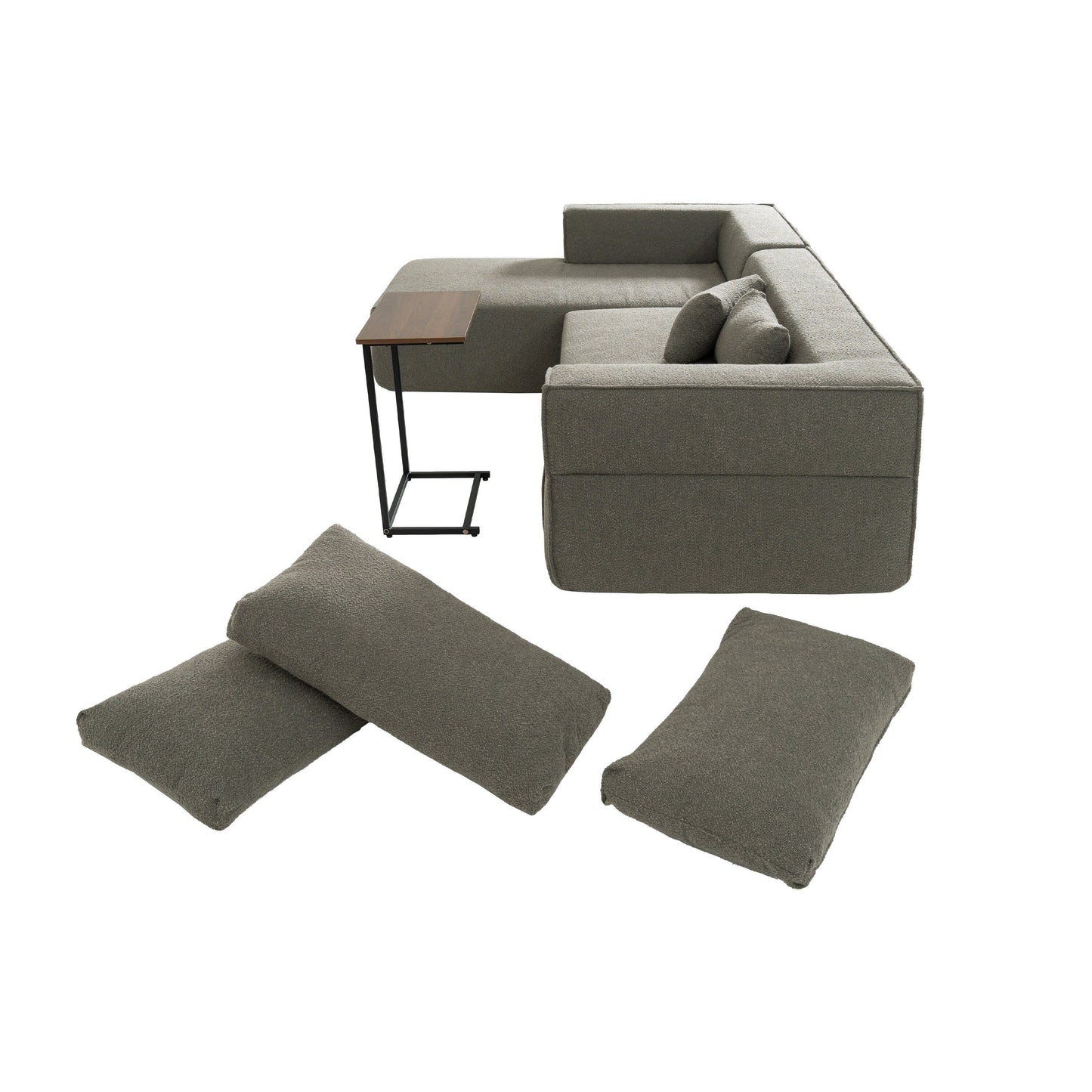 Canapé sectionnel modulaire avec table d'appoint gratuite, assise large, entièrement compressé, tissu bouclé infroissable avec méridienne