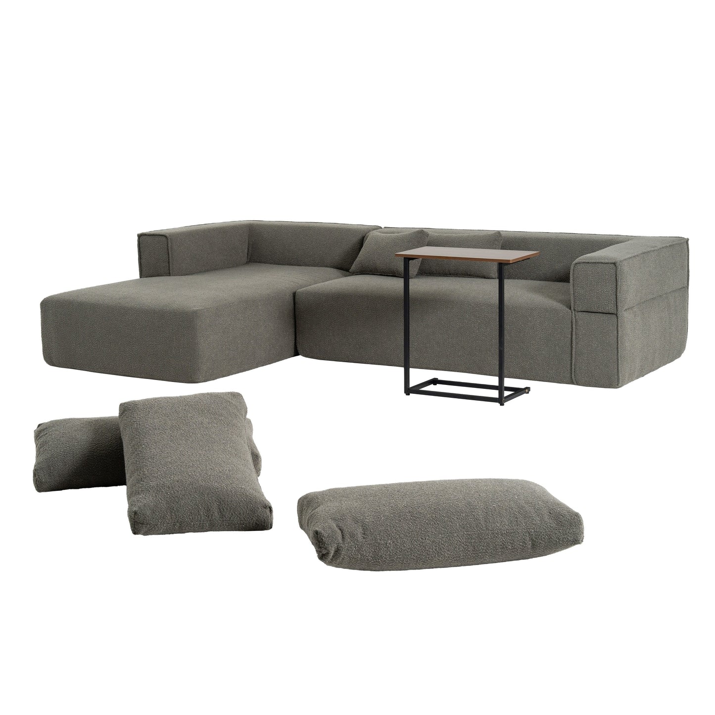 Canapé sectionnel modulaire avec table d'appoint gratuite, assise large, entièrement compressé, tissu bouclé infroissable avec méridienne