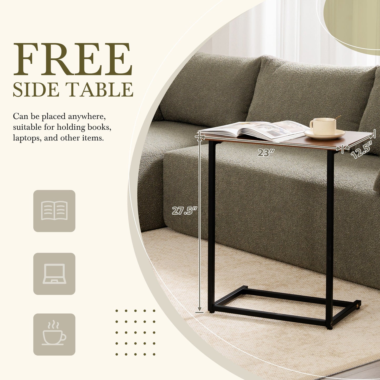 Canapé sectionnel modulaire avec table d'appoint gratuite, assise large, entièrement compressé, tissu bouclé infroissable avec méridienne