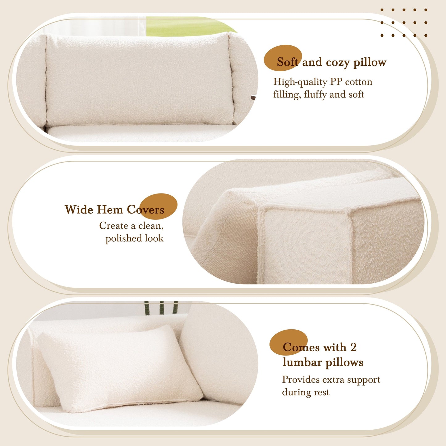 Canapé sectionnel modulaire avec table d'appoint gratuite, assise large, entièrement compressé, tissu bouclé infroissable avec méridienne