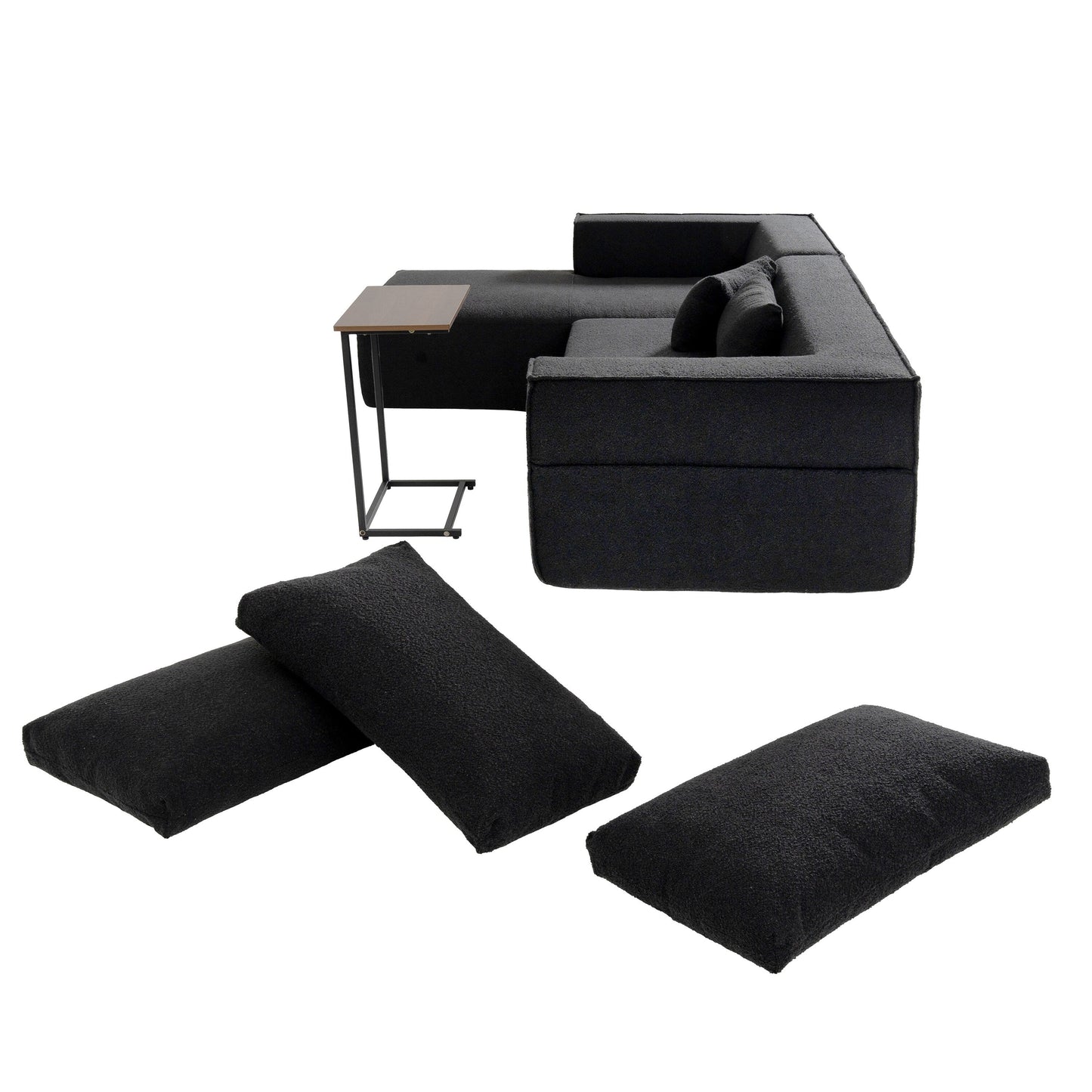 Canapé sectionnel modulaire avec table d'appoint gratuite, assise large, entièrement compressé, tissu bouclé infroissable avec méridienne