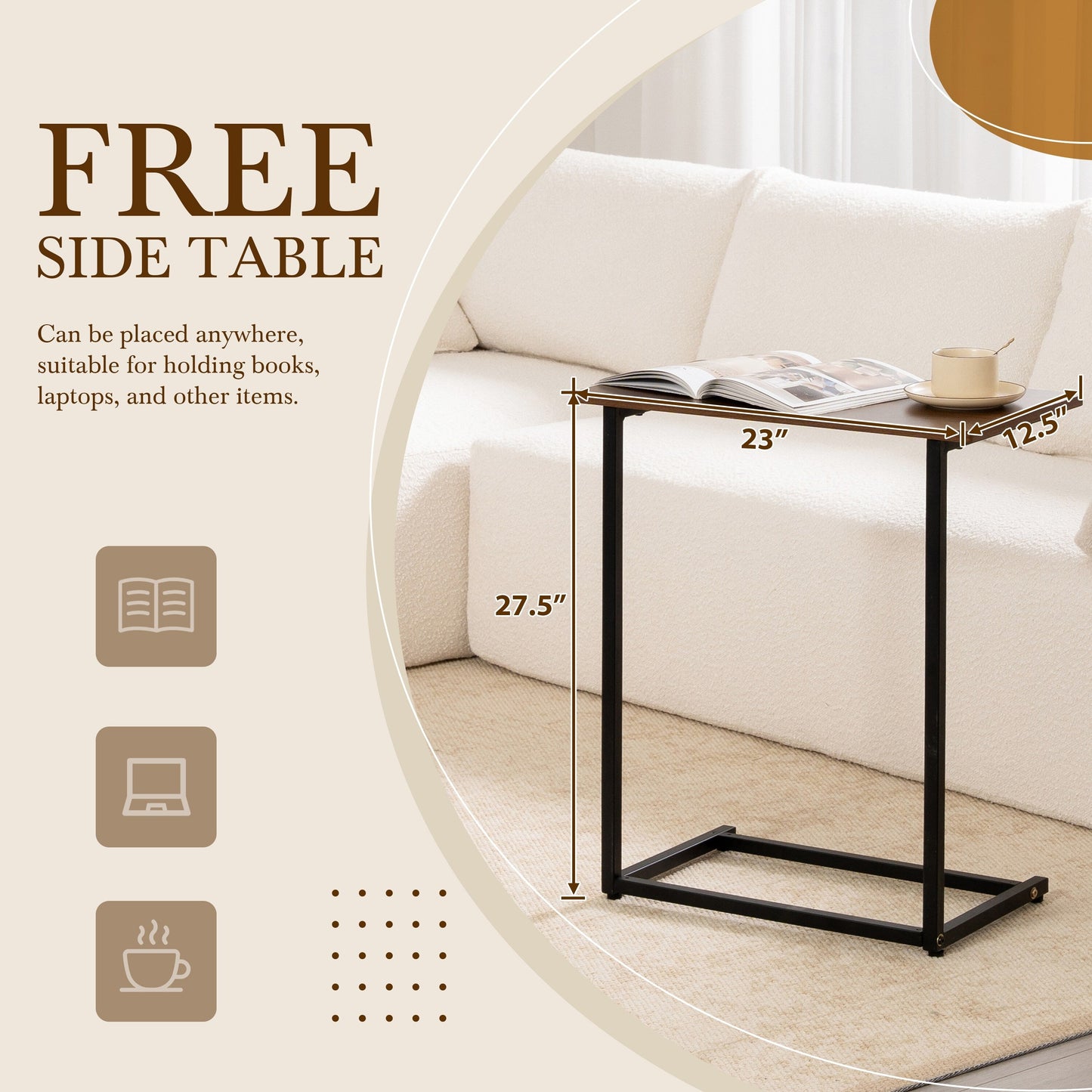 Canapé sectionnel modulaire avec table d'appoint gratuite, assise large, entièrement compressé, tissu bouclé infroissable avec méridienne