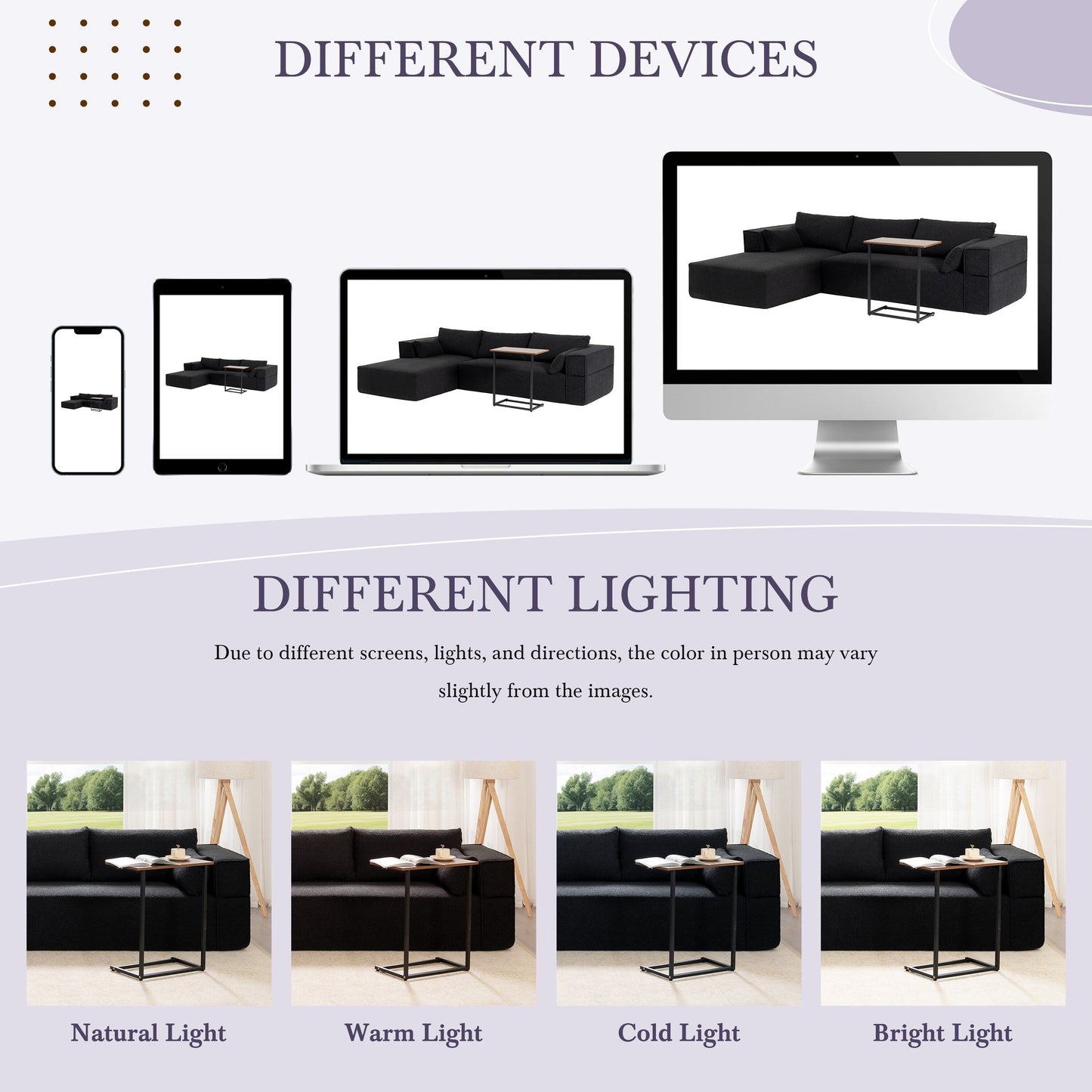 Canapé sectionnel modulaire avec table d'appoint gratuite, assise large, entièrement compressé, tissu bouclé infroissable avec méridienne