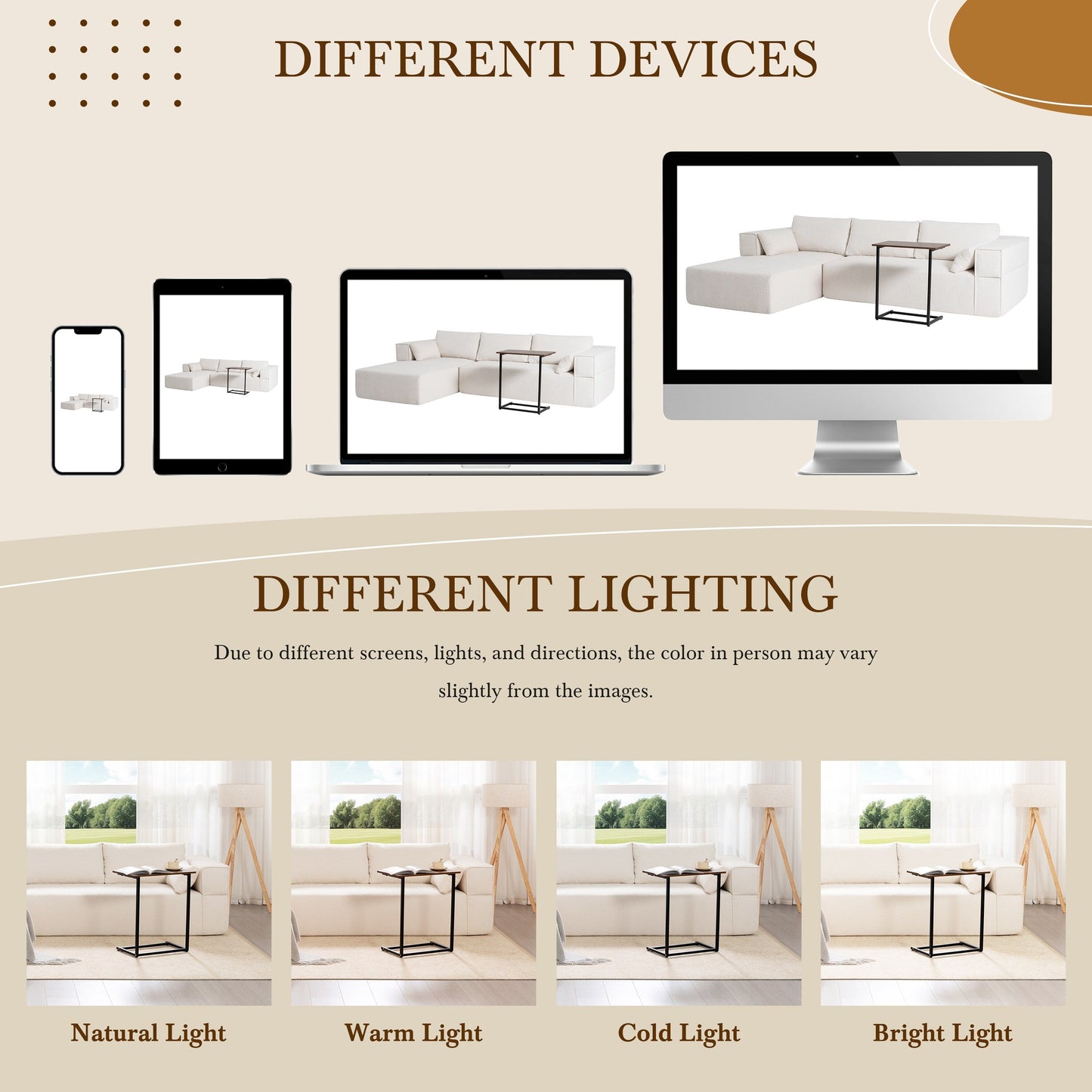 Canapé sectionnel modulaire avec table d'appoint gratuite, assise large, entièrement compressé, tissu bouclé infroissable avec méridienne