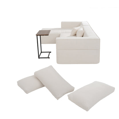 Canapé sectionnel modulaire avec table d'appoint gratuite, assise large, entièrement compressé, tissu bouclé infroissable avec méridienne