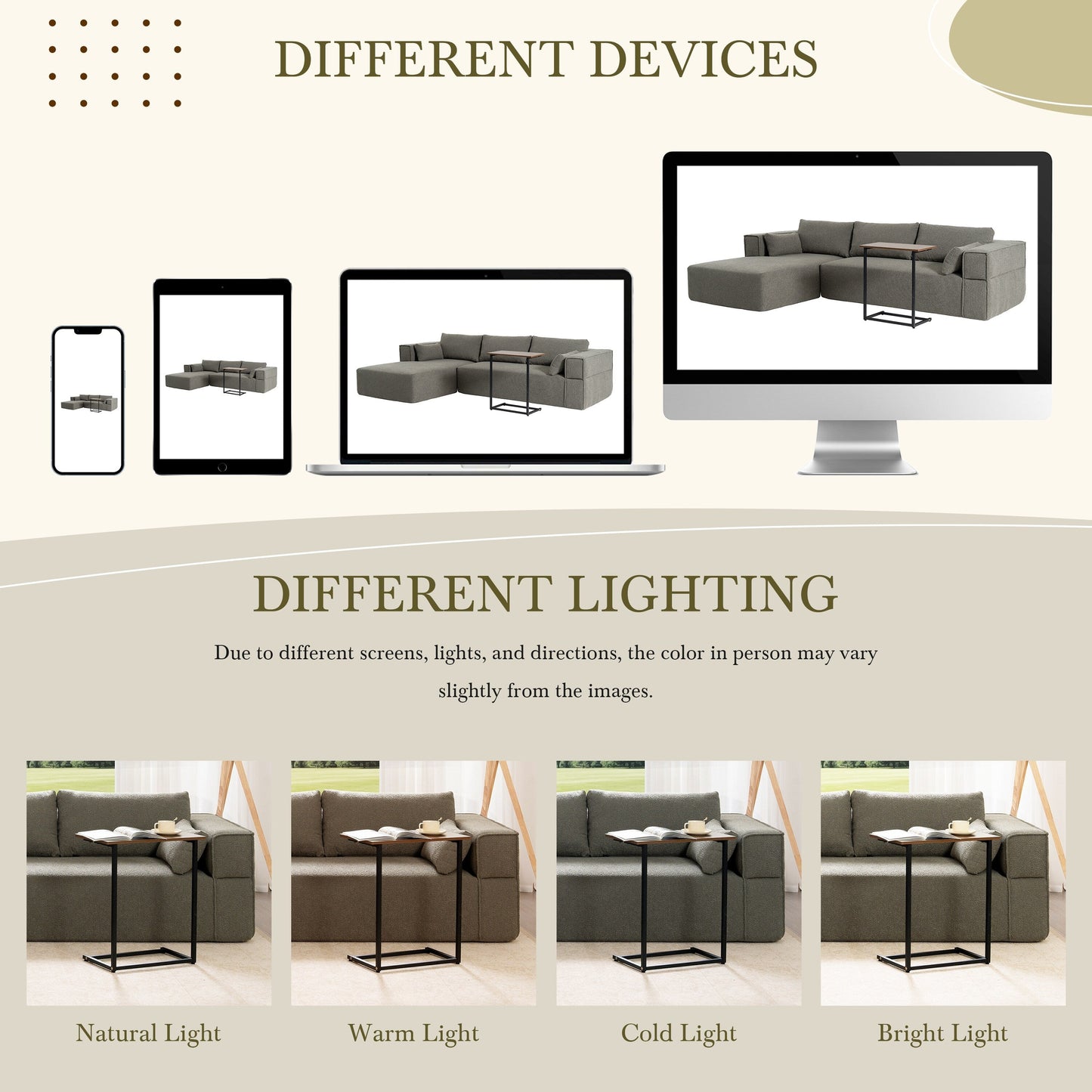 Canapé sectionnel modulaire avec table d'appoint gratuite, assise large, entièrement compressé, tissu bouclé infroissable avec méridienne