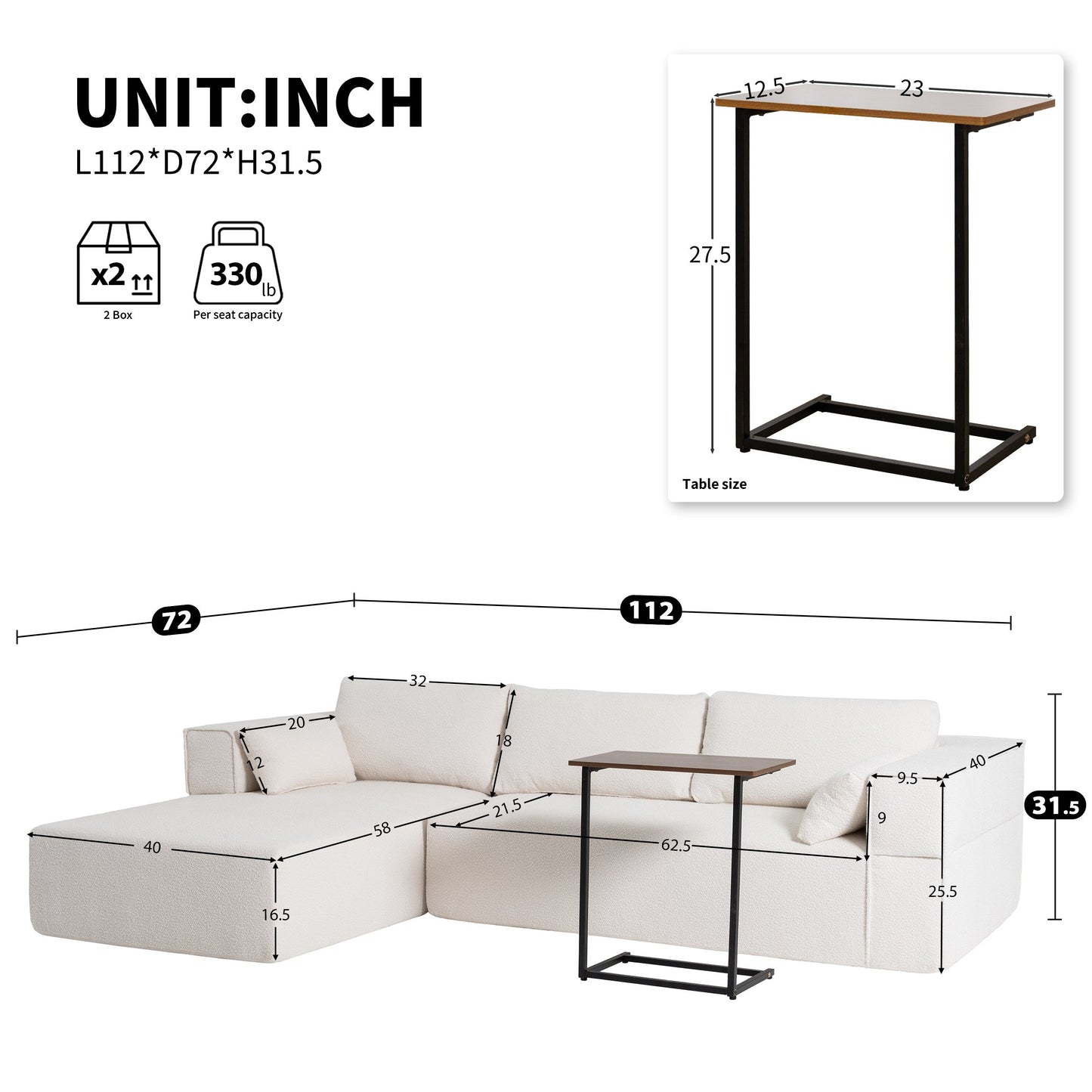 Canapé sectionnel modulaire avec table d'appoint gratuite, assise large, entièrement compressé, tissu bouclé infroissable avec méridienne