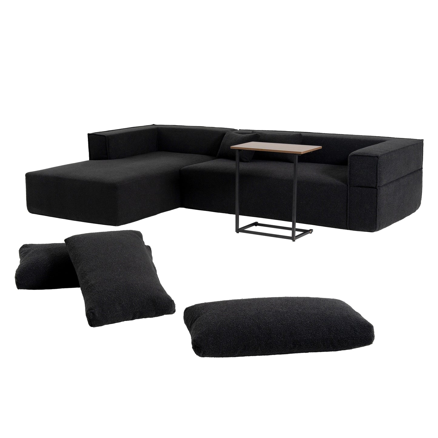 Canapé sectionnel modulaire avec table d'appoint gratuite, assise large, entièrement compressé, tissu bouclé infroissable avec méridienne