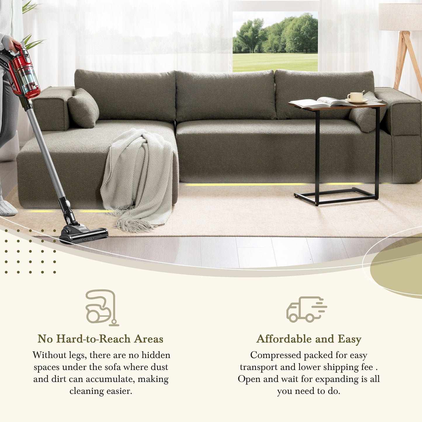 Canapé sectionnel modulaire avec table d'appoint gratuite, assise large, entièrement compressé, tissu bouclé infroissable avec méridienne