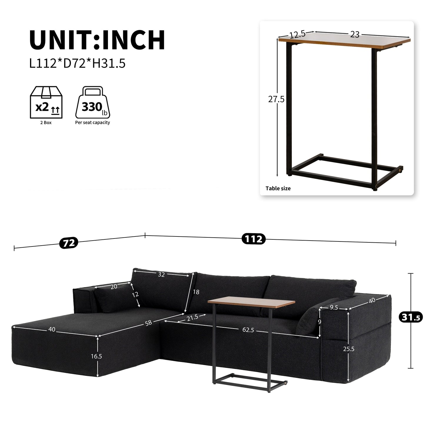 Canapé sectionnel modulaire avec table d'appoint gratuite, assise large, entièrement compressé, tissu bouclé infroissable avec méridienne