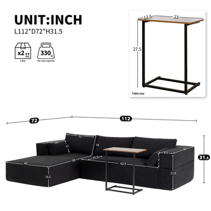 Canapé sectionnel modulaire avec table d'appoint gratuite, assise large, entièrement compressé, tissu bouclé infroissable avec méridienne